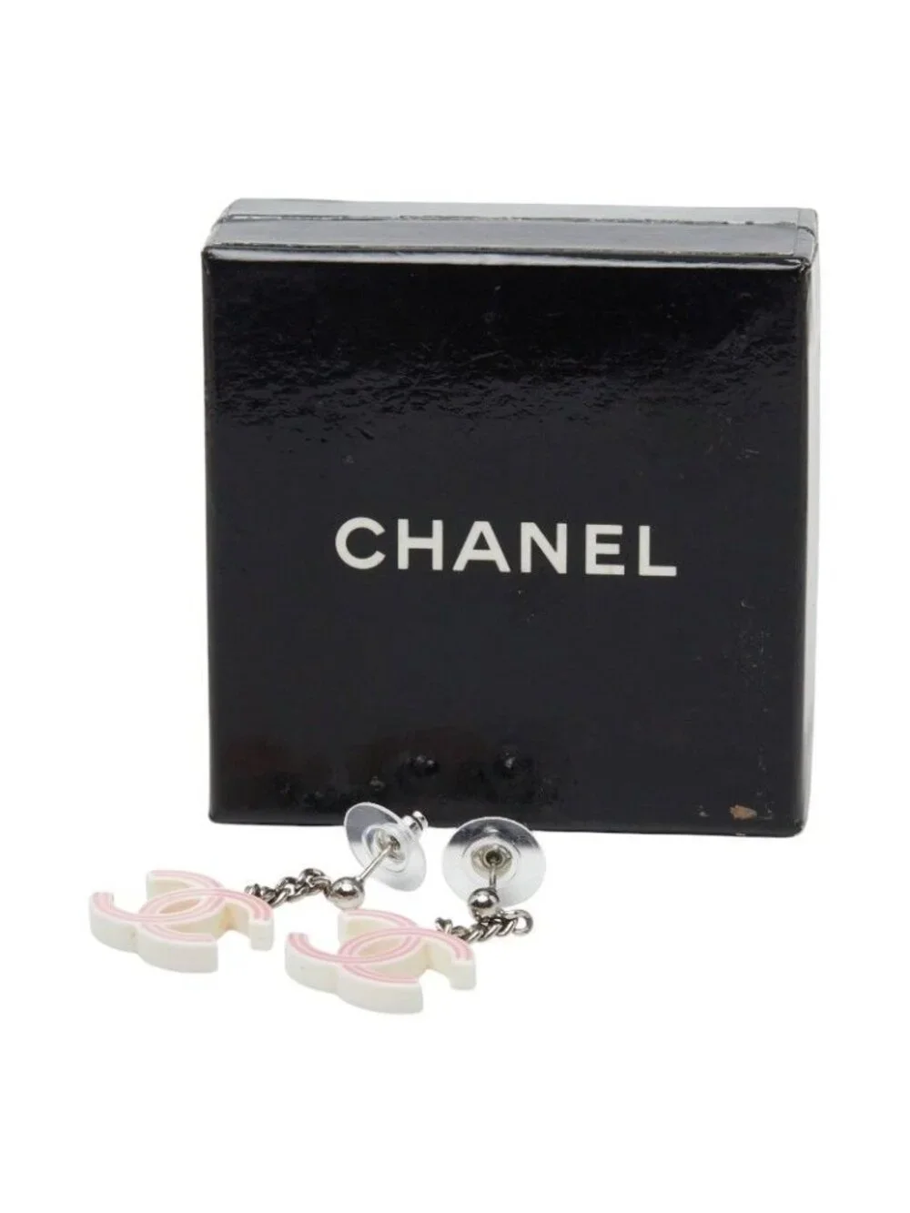 Chanel CC Logo Earrings Pink Ivory Silver Plastic Metal